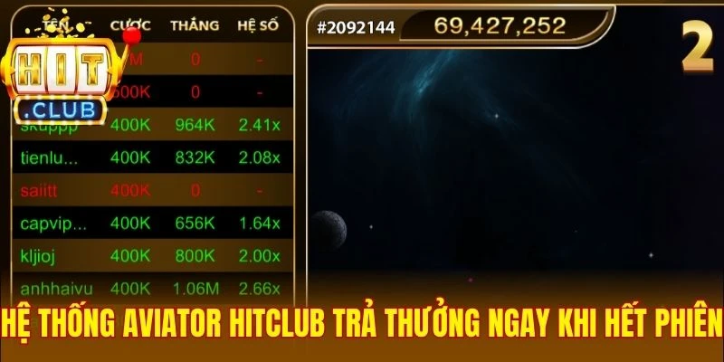 Hệ thống Aviator Hitclub trả thưởng ngay khi hết phiên